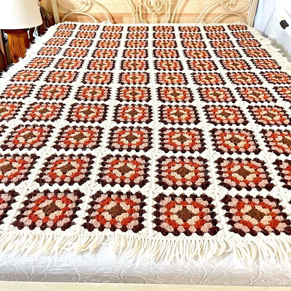 VTG Handmade Afghan Granny Square Crochet Retro Earth Tones-Boho Style w/ Fringe
